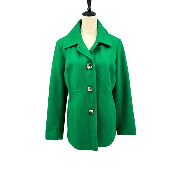 Anne Klein Kelly Green Wool Blend Pea Coat Simple Classic Basic Staple - Picture 1 of 12